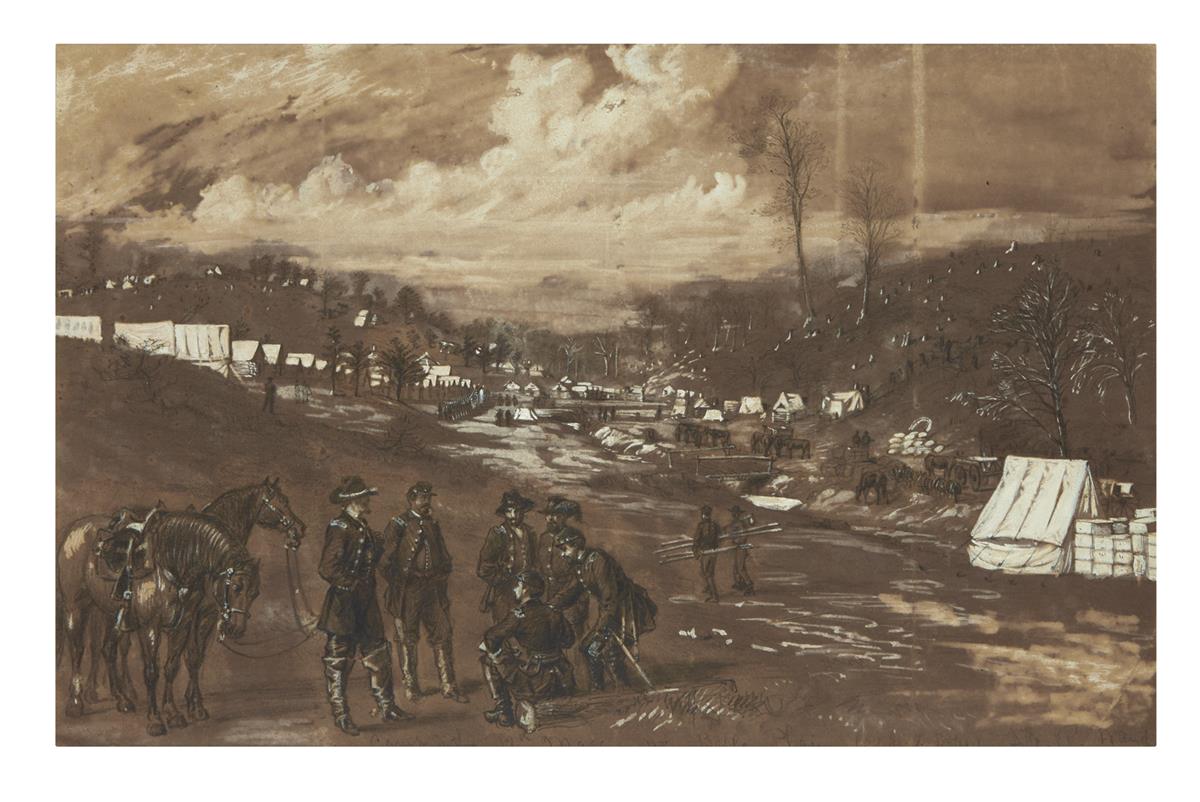 (CIVIL WAR--ART.) [Waud, Alfred.] Camp of the 12th Mass. at Belle Plain, Col. James L. Bates.